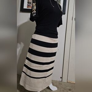 LOFT Black and Cream Striped Midi Skirt